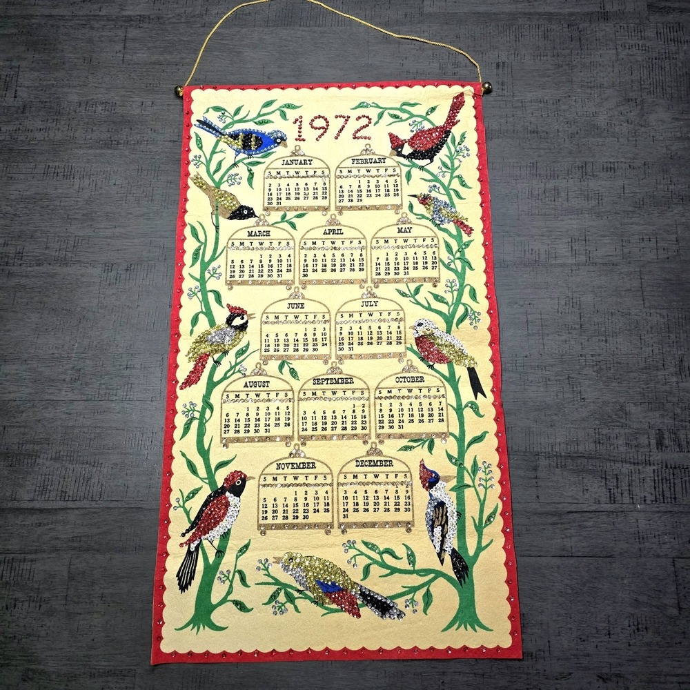 Vintage 1972 Felt Wall Calendar with Sequins, Bird Design - Kitchen Towel Style